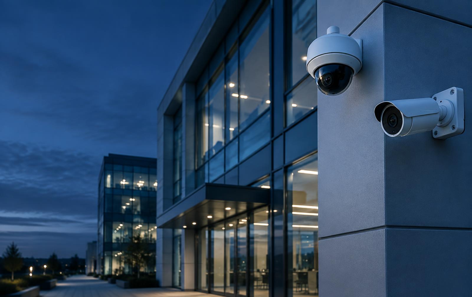 Dome and bullet CCTV cameras mounted on a modern commercial office building at dusk