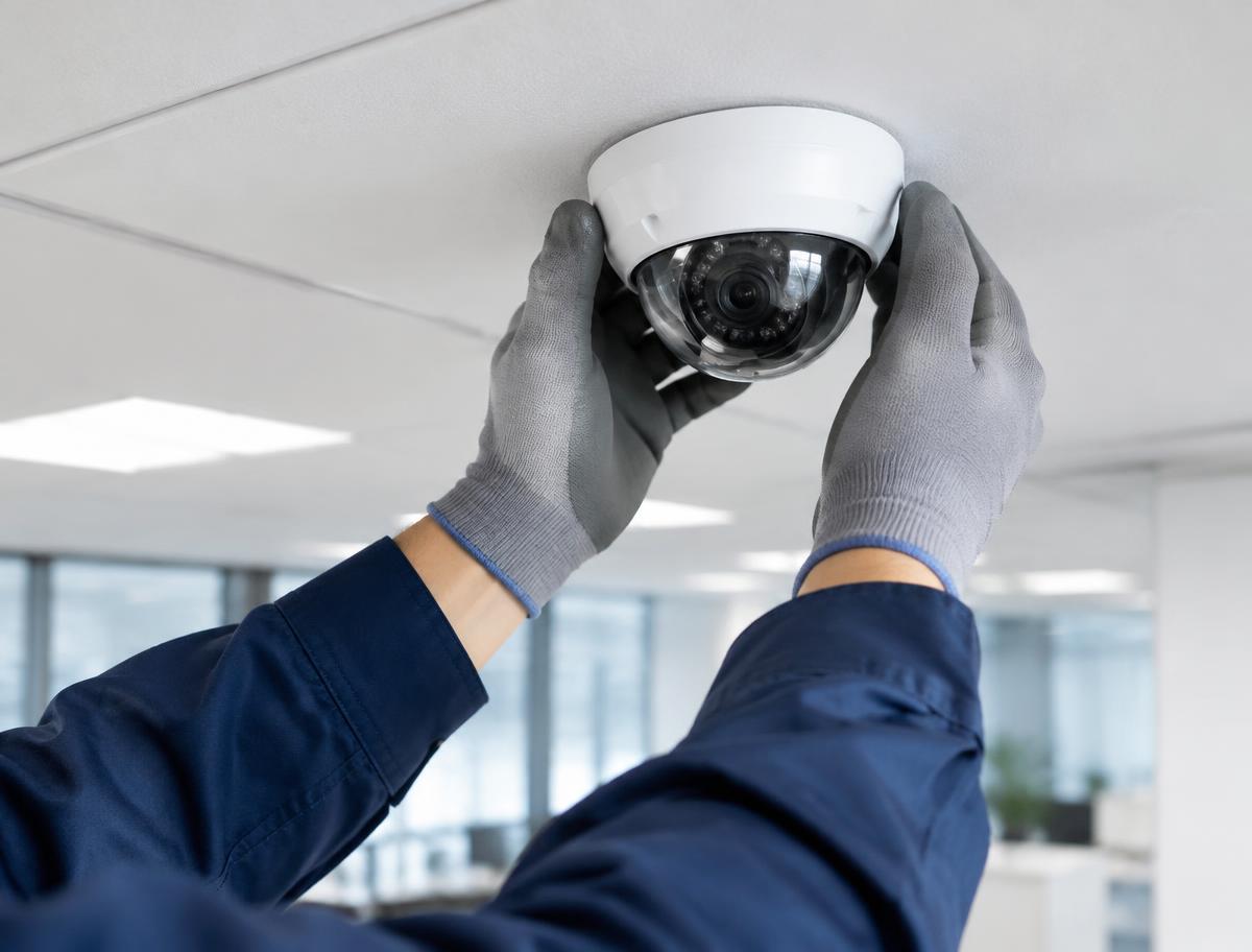 Technician installing a dome CCTV camera on an office ceiling