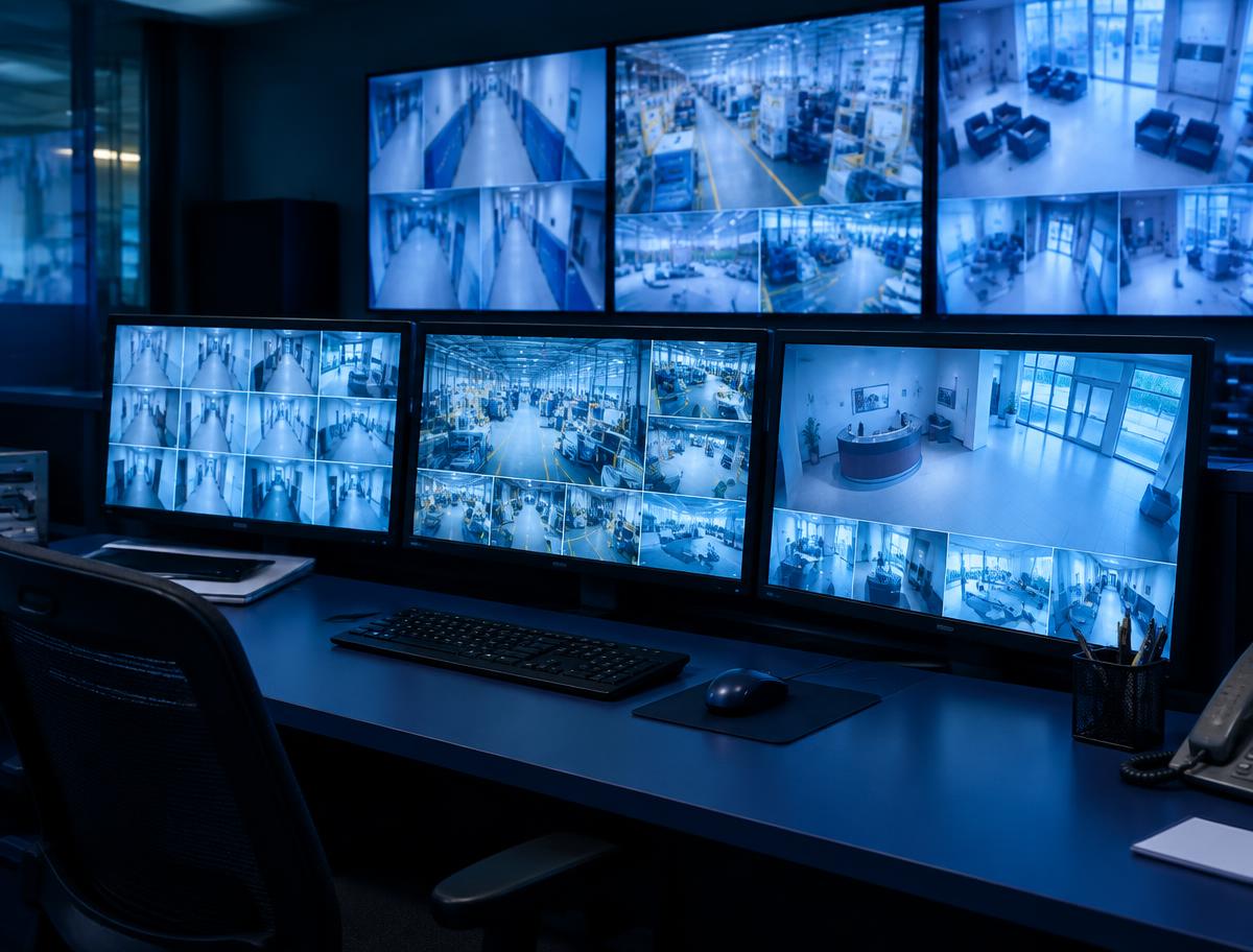 Surveillance monitoring desk showing camera feeds from a school corridor, factory floor and office lobby